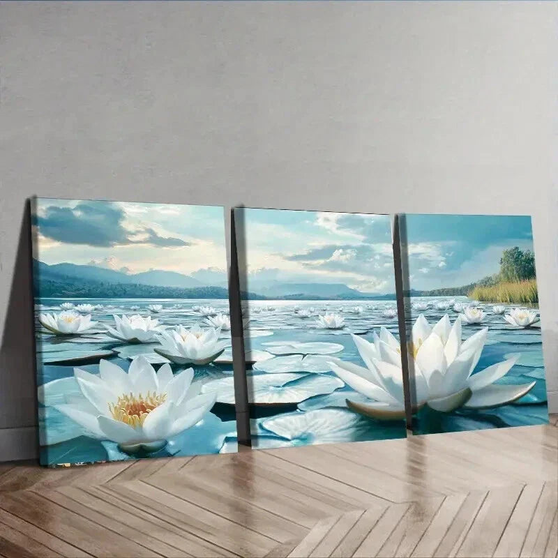 3pcs Water Lilies on Water Nature Beauty Perfect Wall Art Set Canvas Framed 40x60cm - High Quality Print 100% Australian Made Wall Canvas Ready to Hang