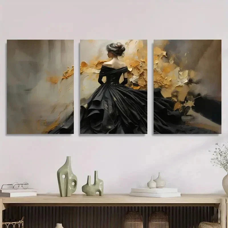 3pcs Elegant Woman in Black Dress with Golden Metal Print Ready to Hang Art