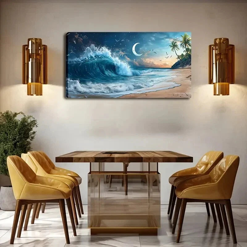 Serene Beach Scene Moonlit Wall Art Canvas Office Home Room Framed 120x60cm
