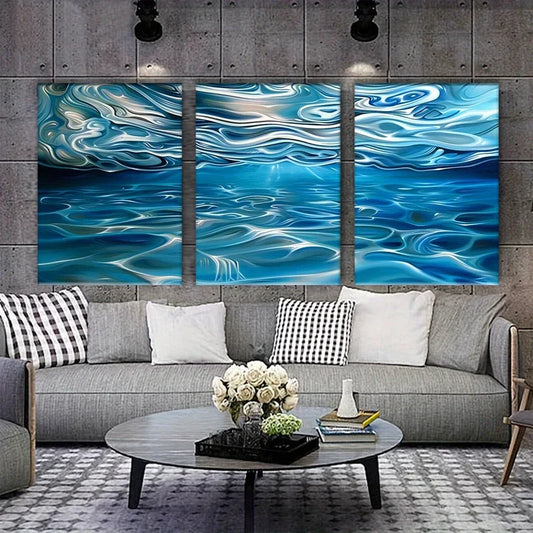 3pcs Abstract Blue and White Swirl Metal Print Ready to Hang Art
