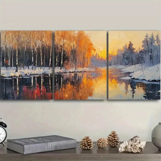 3pcs Winter Forest Sun Shine Colorful Perfect Wall Art Set Canvas Framed 40x60cm - High Quality Print 100% Australian Made Wall Canvas Ready to Hang