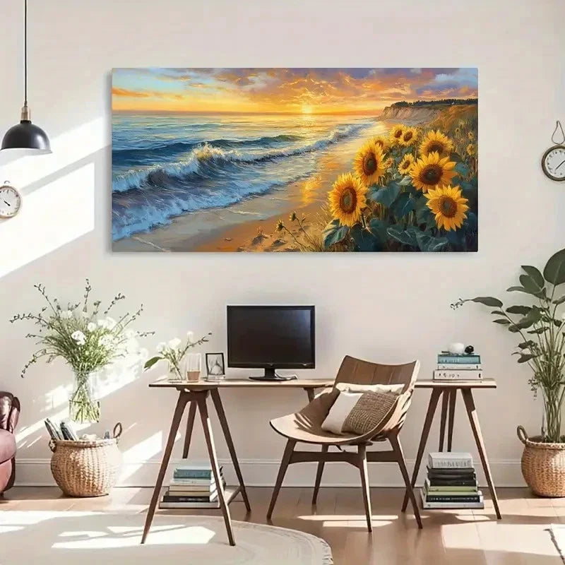 Sunflower & Beach Waves Wall Art Canvas Office Home Room Framed 80x45cm