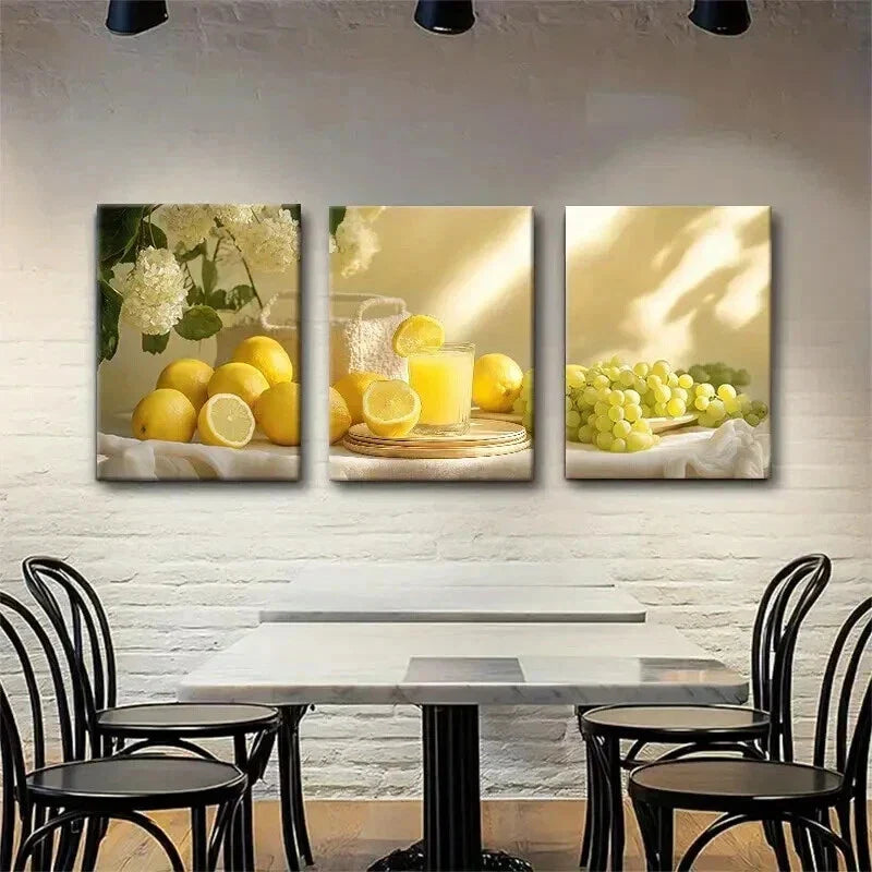 3pcs Fresh Lemon and Grape Bright Perfect Wall Art Set Canvas Framed 40x60cm - High Quality Print 100% Australian Made Wall Canvas Ready to Hang