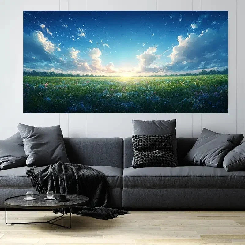 Grassland and White Clouds Wall Art Canvas Office Home Room Framed 120x60cm