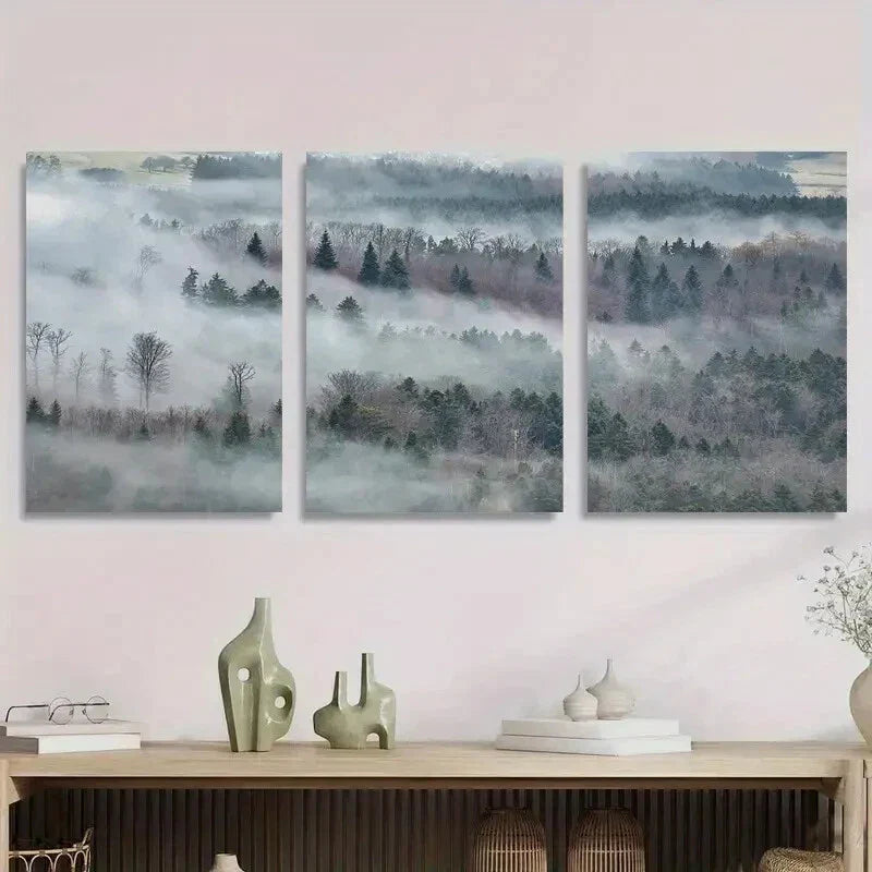 3pcs Misty Forest Tranquil Foggy Landscape Metal Print Ready to Hang Art