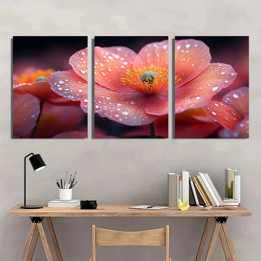 3pcs Pine Floral Vibrant Pink Orange Poppy Metal Print Ready to Hang Art
