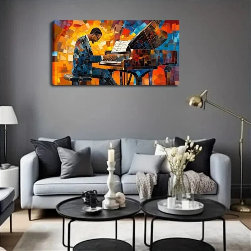Mosaic-Style Piano for Man Wall Art Canvas Office Home Room Framed 120x60cm