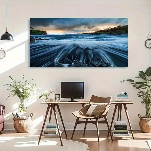 Black Sand Beach Modern Décor Wall Art Canvas Office Home Room Framed 120x60cm