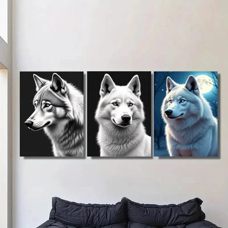 3pcs Wolf Black and White with Stunning Blue Eye Metal Print Ready to Hang Art