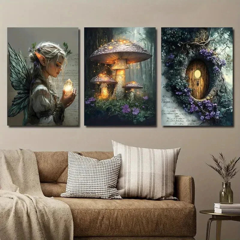 3pcs Fairy Girl and Mysterious Forest Mushrooms Wall Art Set Canvas Framed 40x60cm - High Quality Print 100% Australian Made Wall Canvas Ready to Hang