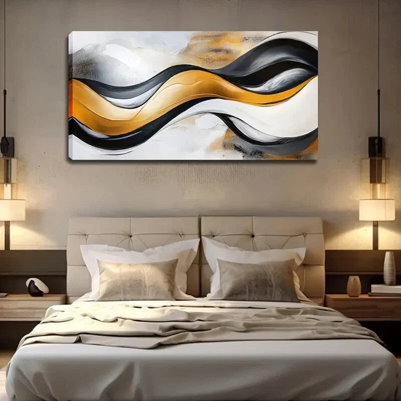 Fluid Black Orange Brown Stroke Wall Art Canvas Office Home Room Framed 120x60cm