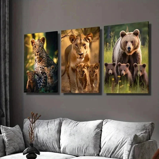 3pcs Leopard Lioness & Cubs Grizzly Bear Family Wall Art Set Canvas Framed 40x60cm - High Quality Print 100% Australian Made Wall Canvas Ready to Hang