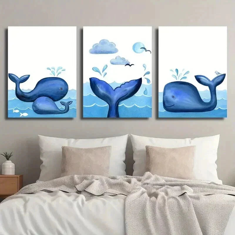 3pcs Blue Ocean Whale And Bird Decor Wall Art Set Canvas Framed 40x60cm - High Quality Print 100% Australian Made Wall Canvas Ready to Hang