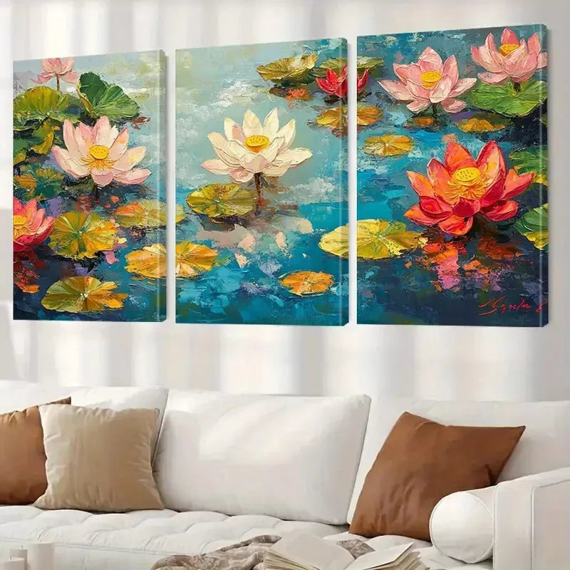 3pcs Decorative Lotus Flowers with Pink Petals Wall Art Set Canvas Framed 40x60cm - High Quality Print 100% Australian Made Wall Canvas Ready to Hang