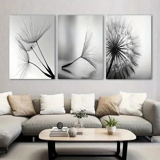 3pcs Dandelion Floral Lines Black &amp; White Metal Print Ready to Hang Art