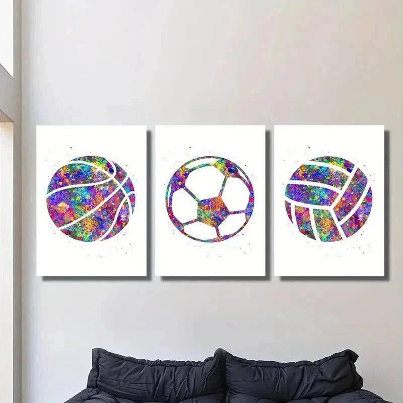 3pcs Colorful Basketball Volleyball & Soccer Wall Art Set Canvas Framed 40x60cm - High Quality Print 100% Australian Made Wall Canvas Ready to Hang