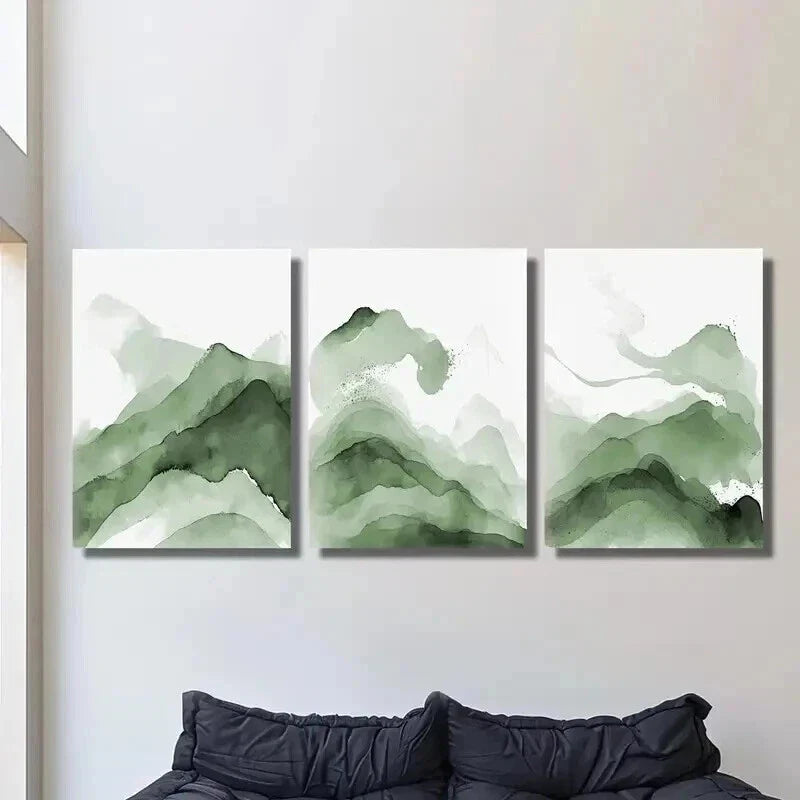 3pcs Abstract Green Mountain Watercolor Wall Art Set Canvas Framed 40x60cm - High Quality Print 100% Australian Made Wall Canvas Ready to Hang