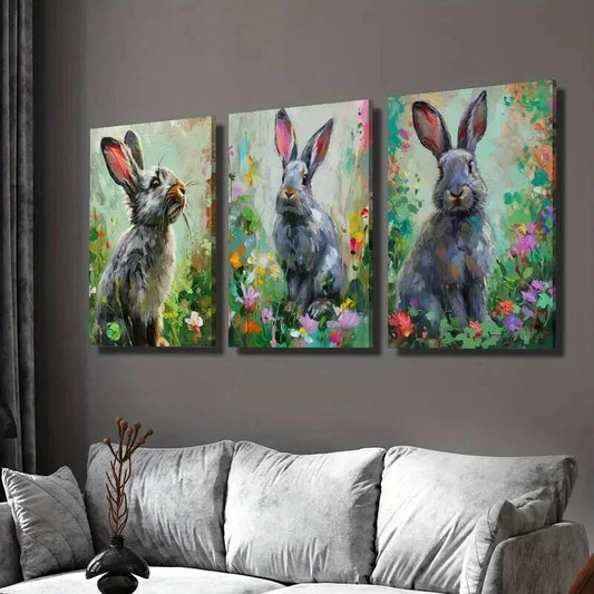 3pcs Silver Bunnies in Wildflowers Wall Art Set Canvas Framed 40x60cm - High Quality Print 100% Australian Made Wall Canvas Ready to Hang