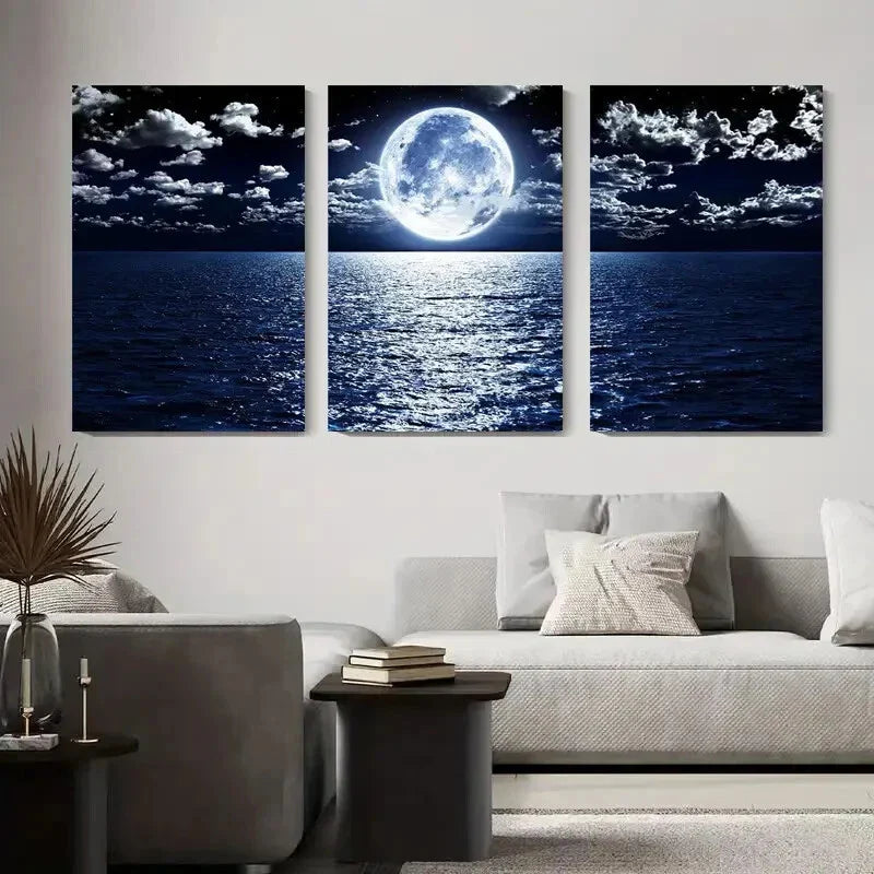 3pcs Moonlit Ocean Night Sky with Full Moon Metal Print Ready to Hang Art