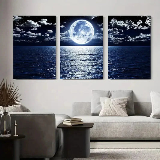 3pcs Moonlit Ocean Night Sky with Full Moon Metal Print Ready to Hang Art