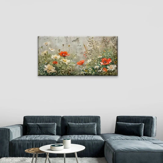 Poppy & Daisy Flowers Nature Wall Art Canvas Office Home Room Framed 80x45cm
