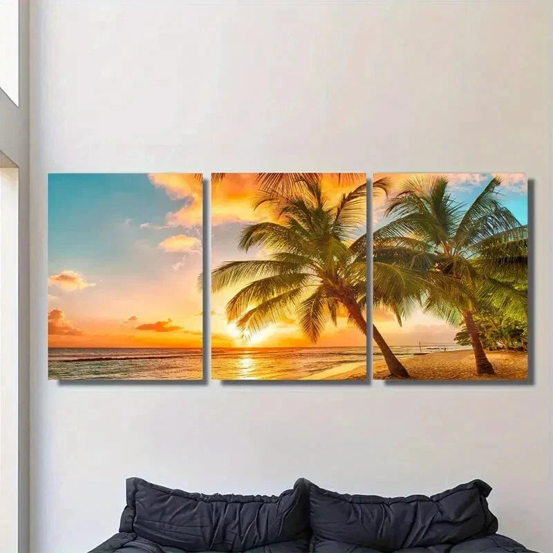 3pcs Beach Sunset Tropical Palm Tree Ocean View Metal Print Ready to Hang Art