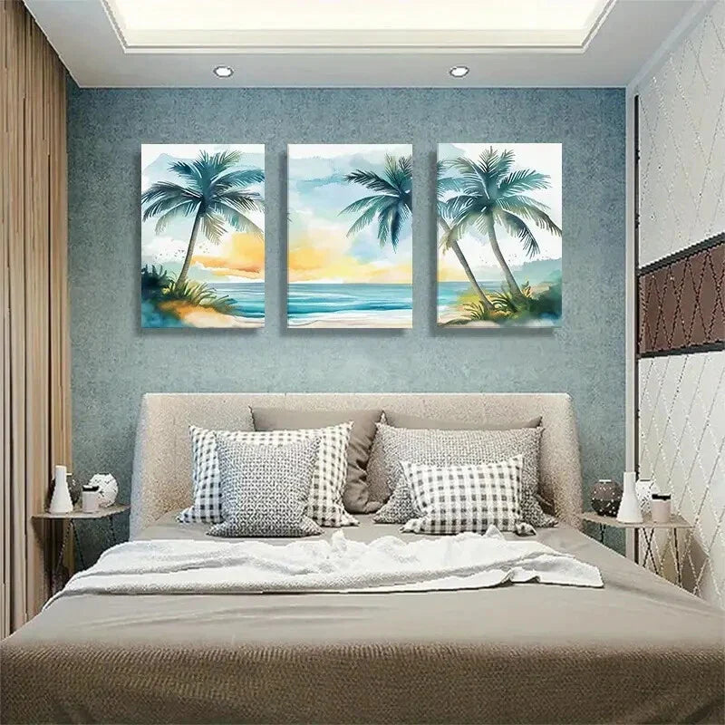 3pcs Tropical Palm Trees Canvas Wall Art Metal Print Ready to Hang Art