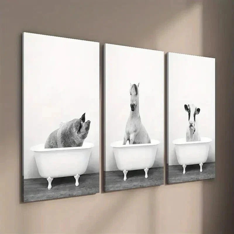 3pcs Modern Black and White Animal Bathtub Wall Art Set Canvas Framed 40x60cm - High Quality Print 100% Australian Made Wall Canvas Ready to Hang