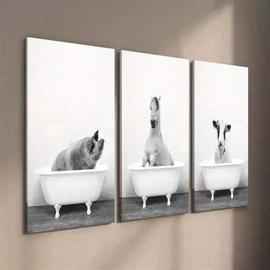 3pcs Modern Black and White Animal Bathtub Wall Art Set Canvas Framed 40x60cm - High Quality Print 100% Australian Made Wall Canvas Ready to Hang