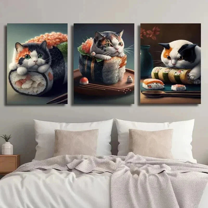 3pcs Whiskered Feline & Sushi Designs Wall Art Set Canvas Framed 40x60cm - High Quality Print 100% Australian Made Wall Canvas Ready to Hang