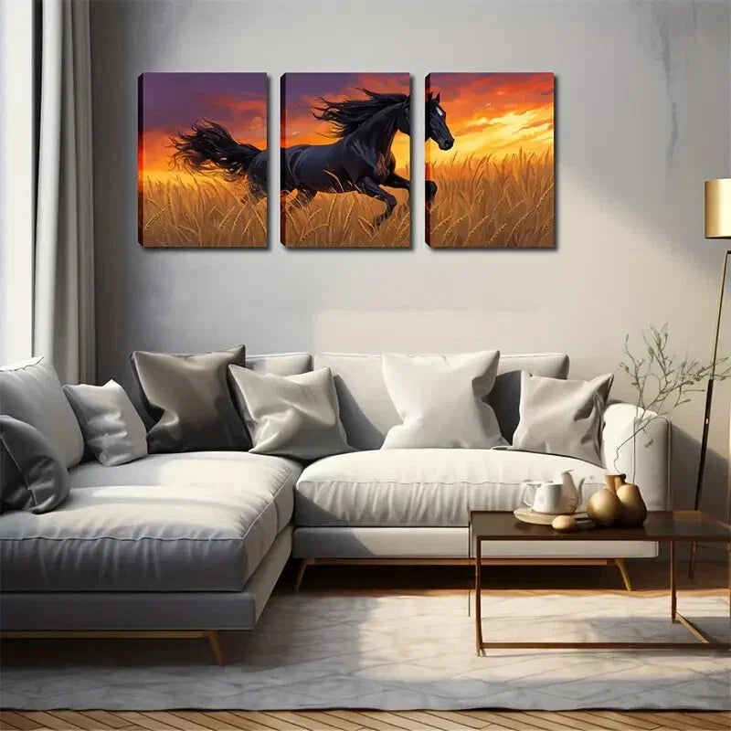 3pcs Running Horse In Rice Elegant Style Wall Art Set Canvas Framed 40x60cm - High Quality Print 100% Australian Made Wall Canvas Ready to Hang