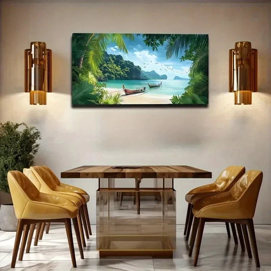 Palm Trees & Boat Beach Scene Wall Art Canvas Office Home Room Framed 120x60cm