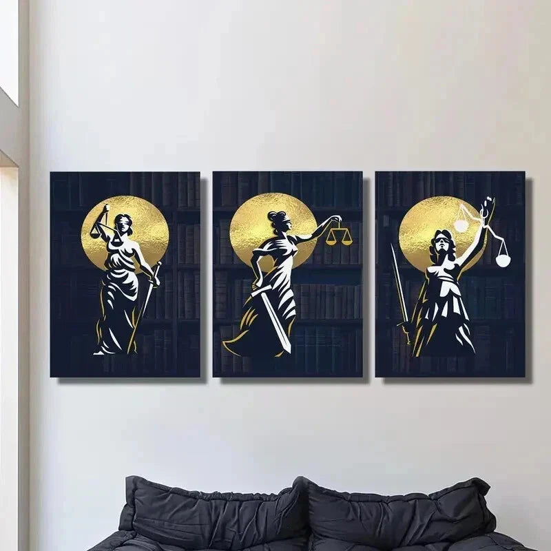 3pcs Golden Silhouette Trio Justice Statue Wall Art Set Canvas Framed 40x60cm - High Quality Print 100% Australian Made Wall Canvas Ready to Hang