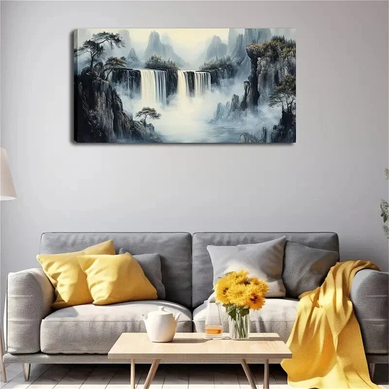 Serene Mountain Waterfall Scene Wall Art Canvas Office Home Room Framed 120x60cm