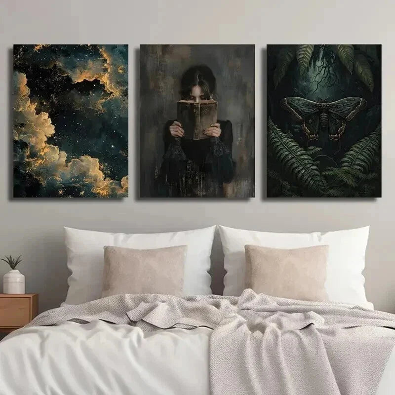 3pcs Dark Female Reading Moth & Botanical Decor Wall Art Set Canvas Framed 40x60cm - High Quality Print 100% Australian Made Wall Canvas Ready to Hang