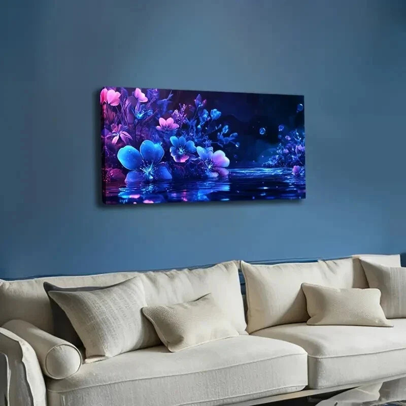 Blue & Pink Flowers by Creek Wall Art Canvas Office Home Room Framed 80x45cm