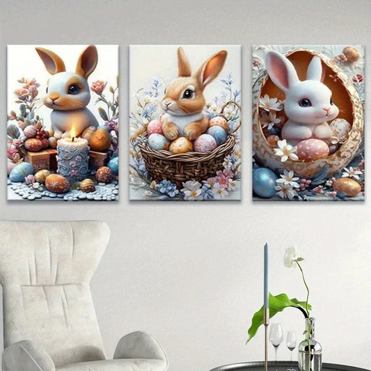 3pcs Colourful Cutest Bunnies Eggs Flowers Metal Print Ready to Hang Art