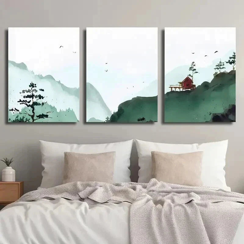 3pcs Abstract Green Landscape with Red Bench Wall Art Set Canvas Framed 40x60cm - High Quality Print 100% Australian Made Wall Canvas Ready to Hang