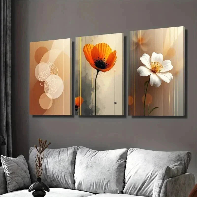 3pcs Abstract Floral Vertical Orange & White Wall Art Set Canvas Framed 40x60cm - High Quality Print 100% Australian Made Wall Canvas Ready to Hang