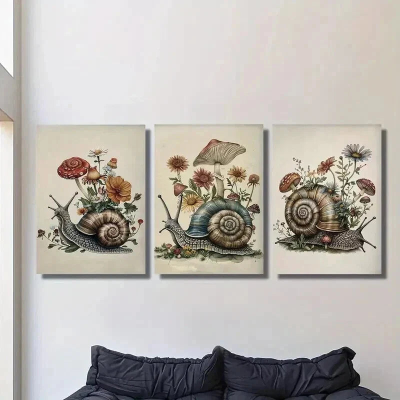 3pcs Vintage Snail Flower Mushroom Wall Art Set Canvas Framed 40x60cm - High Quality Print 100% Australian Made Wall Canvas Ready to Hang