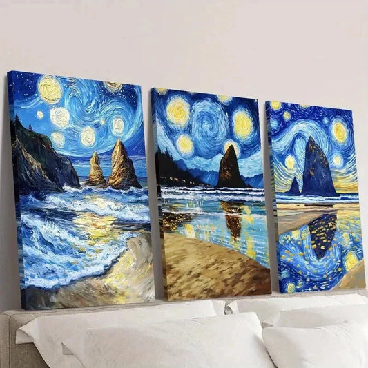 3pcs Van Gogh Starry Sky Landscape Wall Art Set Canvas Framed 40x60cm - High Quality Print 100% Australian Made Wall Canvas Ready to Hang