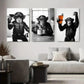 3pcs Black and White Monkey with Drinks, Metal Print Ready to Hang Art
