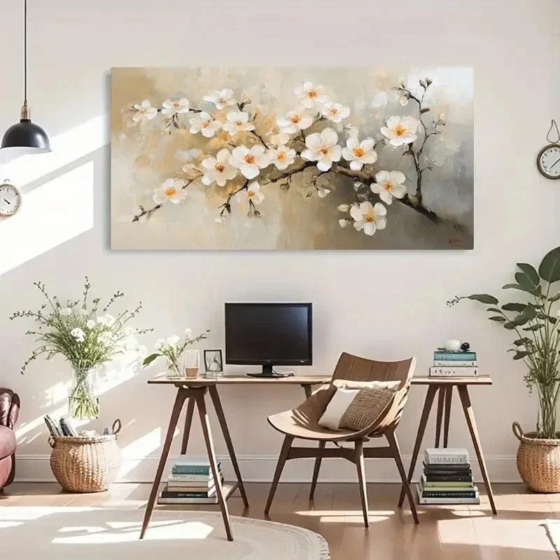 Abstract White Flower & Yellow Wall Art Canvas Office Home Room Framed 120x60cm