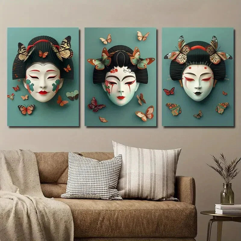 3pcs Elegant Geisha Mask and Butterfly Wall Art Set Canvas Framed 40x60cm - High Quality Print 100% Australian Made Wall Canvas Ready to Hang