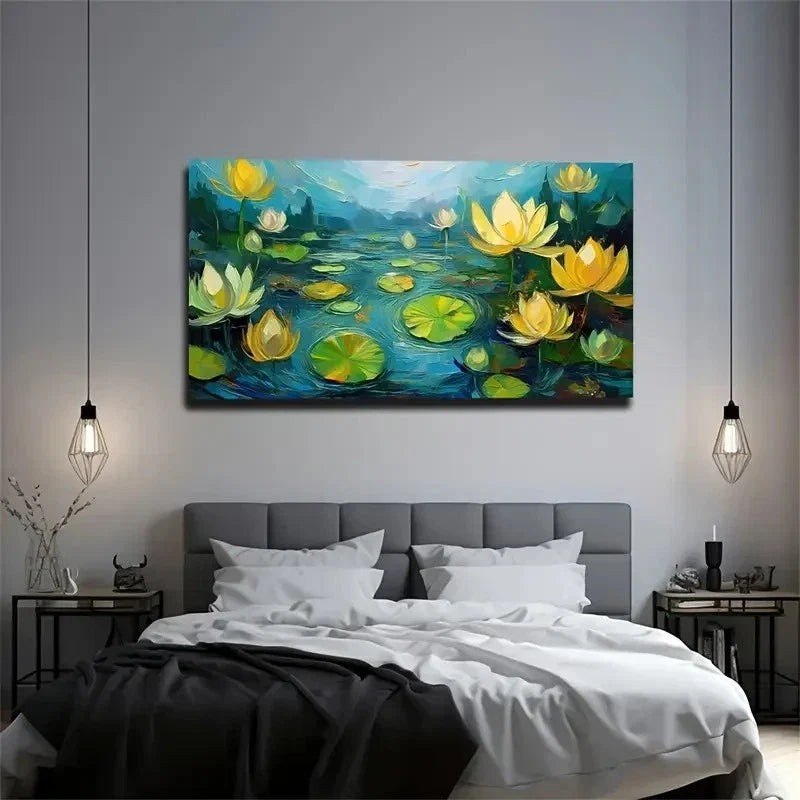 Serene Lotus Pond Scene Wall Art Canvas Office Home Room Framed 80x45cm