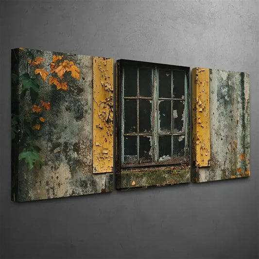 3pcs Vintage Window & Autumn Leaves Wall Art Set Canvas Framed 40x60cm - High Quality Print 100% Australian Made Wall Canvas Ready to Hang