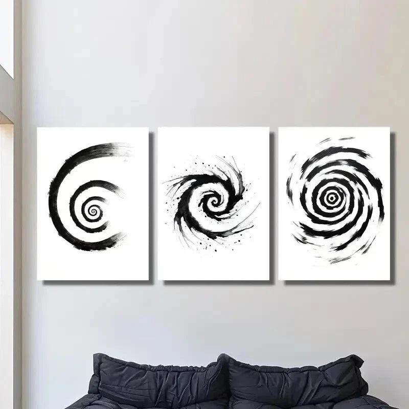 3pcs Black and White Spiral Decoration Wall Art Set Canvas Framed 40x60cm - High Quality Print 100% Australian Made Wall Canvas Ready to Hang