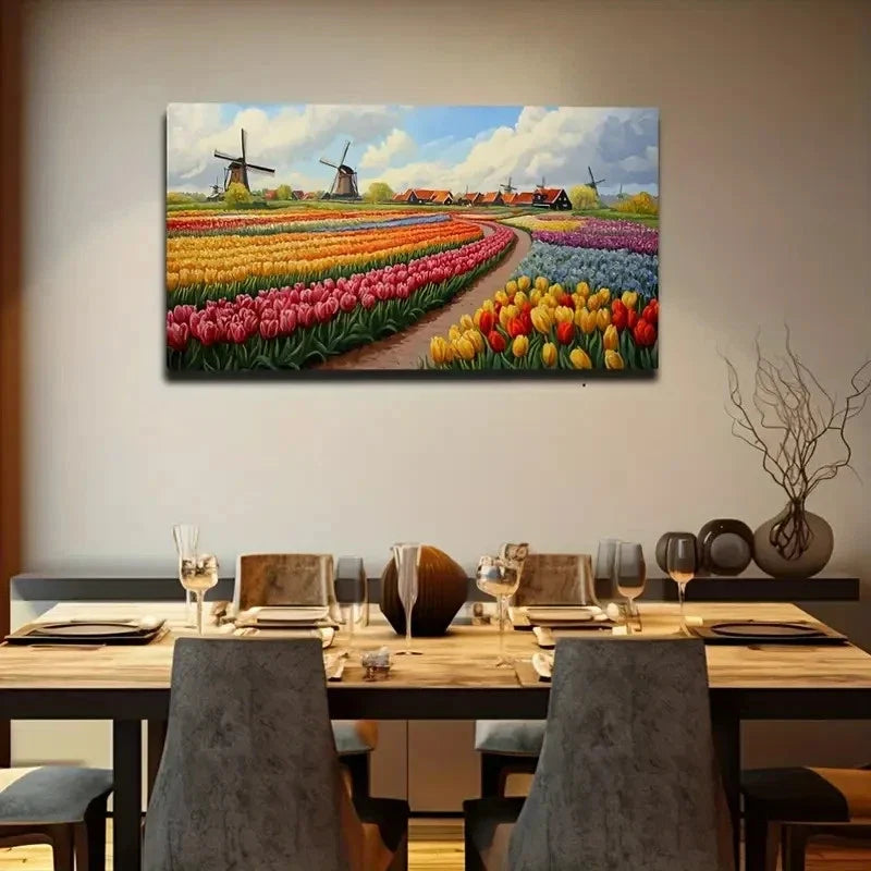 Dutch Tulip Garden Windmills Wall Art Canvas Office Home Room Framed 80x45cm