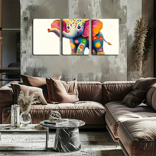 3pcs Cute Elephants Dressed in Colorful Circles Wall Art Set Canvas Framed 40x60cm - High Quality Print 100% Australian Made Wall Canvas Ready to Hang