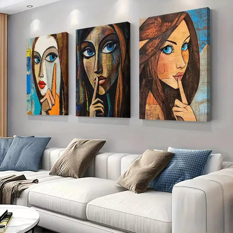 3pcs Abstract Woman Portrait "Shh" Gesture    Wall Art Set Canvas Framed 40x60cm - High Quality Print 100% Australian Made Wall Canvas Ready to Hang